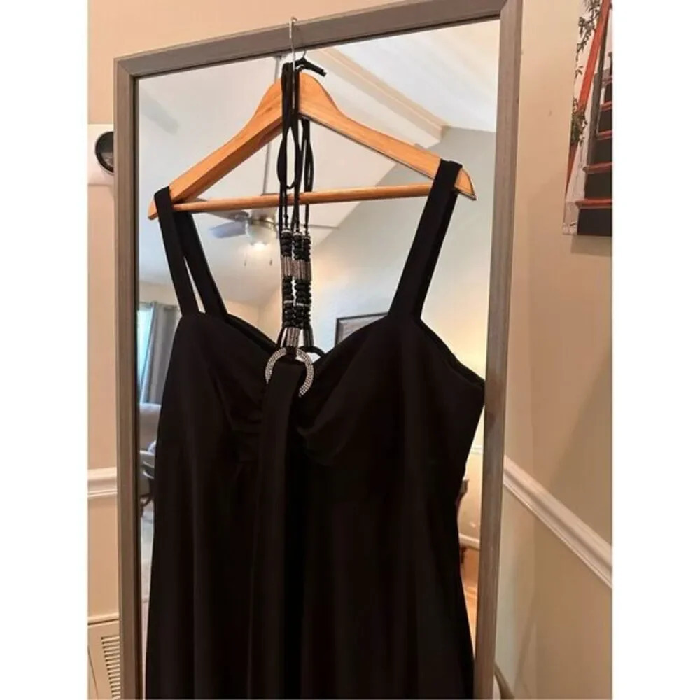 R&M Richards Women Black Halter Dress Beaded Neckline Formal Gown Size 20 - Picture 3 of 8